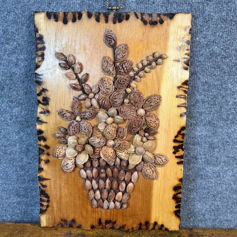 Vintage Handmade Seed Nut Peach Pit 3D Floral Wood Plaque Rustic Decor Whimsical